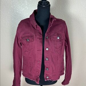 Nine West Women's Burgundy Jean Jacket Frayed Hem Size Large